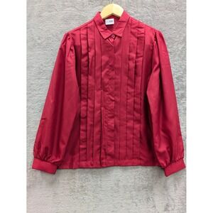 Vintage 80s Russ Pleated Blouse Women Medium Red Long Puff Sleeve Union Made